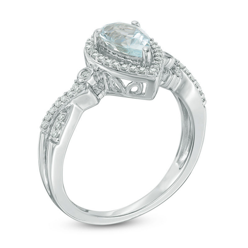 Main Image 2 of Pear-Shaped Aquamarine and 1/5 CT. T.W. Diamond Frame Split Shank Ring in 10K White Gold