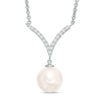 Thumbnail Image 1 of 9.0-10.0mm Freshwater Cultured Pearl and Lab-Created White Sapphire "V" Drop Necklace in Sterling Silver
