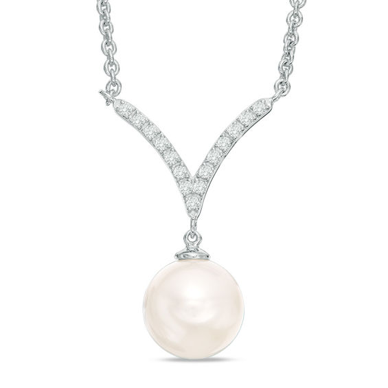 9.0-10.0mm Freshwater Cultured Pearl and Lab-Created White Sapphire "V" Drop Necklace in Sterling Silver