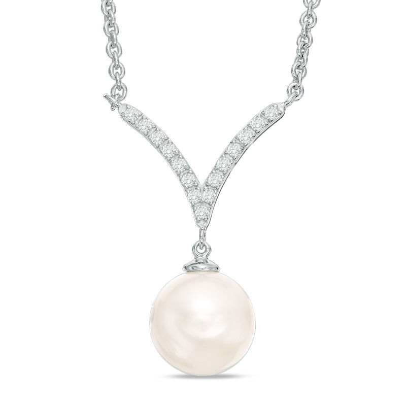 9.0 - 10.0mm Cultured Freshwater Pearl and Lab-Created White Sapphire "V" Drop Necklace in Sterling Silver