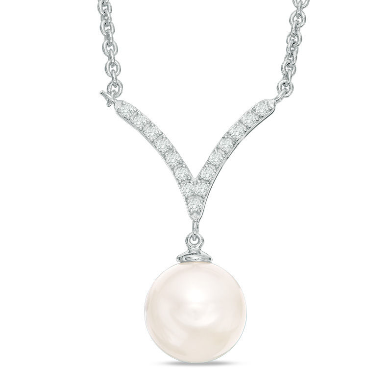 Main Image 1 of 9.0-10.0mm Freshwater Cultured Pearl and Lab-Created White Sapphire "V" Drop Necklace in Sterling Silver