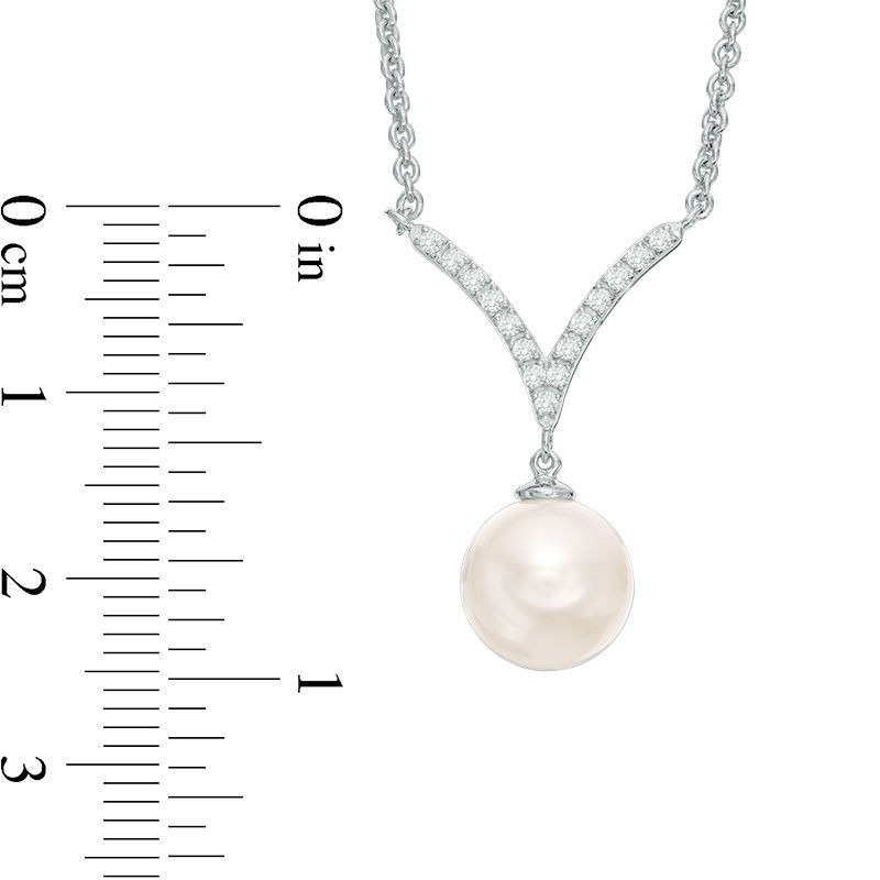 Main Image 2 of 9.0-10.0mm Freshwater Cultured Pearl and Lab-Created White Sapphire "V" Drop Necklace in Sterling Silver