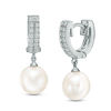 Thumbnail Image 0 of 8.0 - 9.0mm Cultured Freshwater Pearl and Lab-Created White Sapphire Double Row Huggie Drop Earrings in Sterling Silver