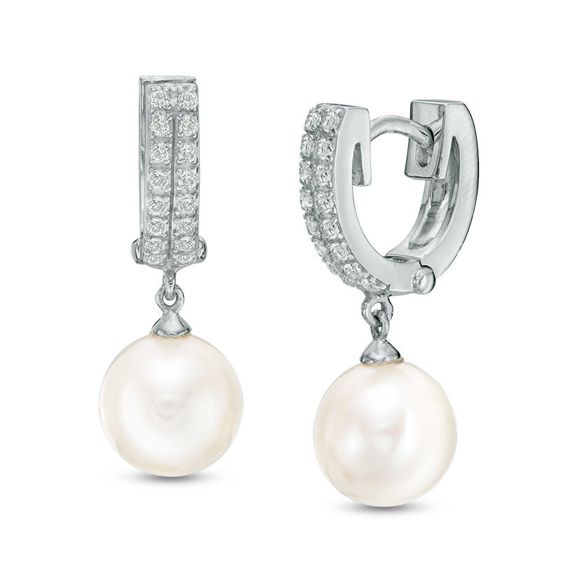 Main Image 1 of 8.0-9.0mm Freshwater Cultured Pearl and Lab-Created White Sapphire Double Row Huggie Drop Earrings in Sterling Silver