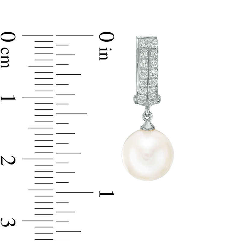 Main Image 2 of 8.0-9.0mm Freshwater Cultured Pearl and Lab-Created White Sapphire Double Row Huggie Drop Earrings in Sterling Silver