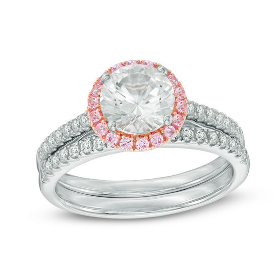 Lab-Created White and Pink Sapphire Frame Bridal-Set in Sterling Silver and 14K Rose Gold Plate