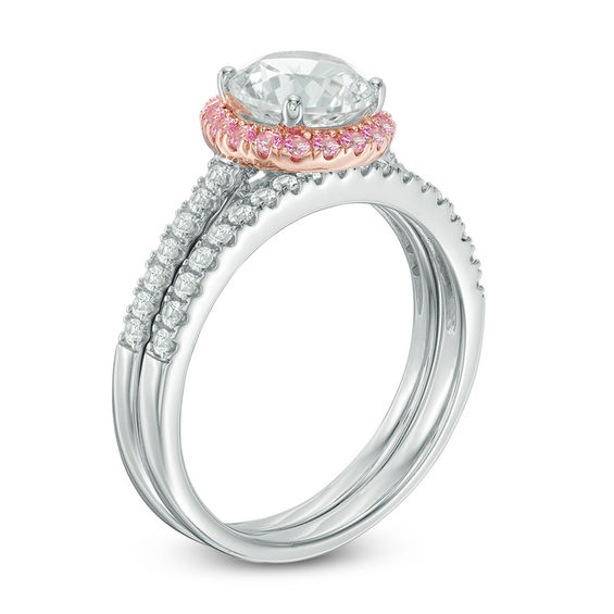 Lab-Created White and Pink Sapphire Frame Bridal-Set in Sterling Silver and 14K Rose Gold Plate