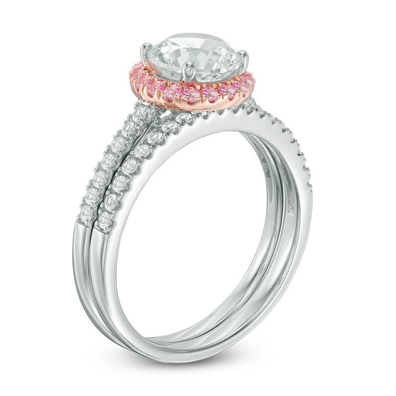 Main Image 2 of Lab-Created White and Pink Sapphire Frame Bridal-Set in Sterling Silver and 14K Rose Gold Plate