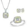 Thumbnail Image 1 of 1/10 CT. T.W. Diamond Square Frame Pendant, Ring and Earrings Set in Sterling Silver and 10K Gold - Size 7