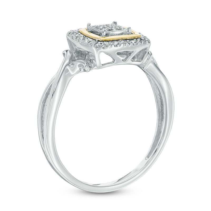 Main Image 2 of 1/10 CT. T.W. Diamond Square Frame Pendant, Ring and Earrings Set in Sterling Silver and 10K Gold - Size 7
