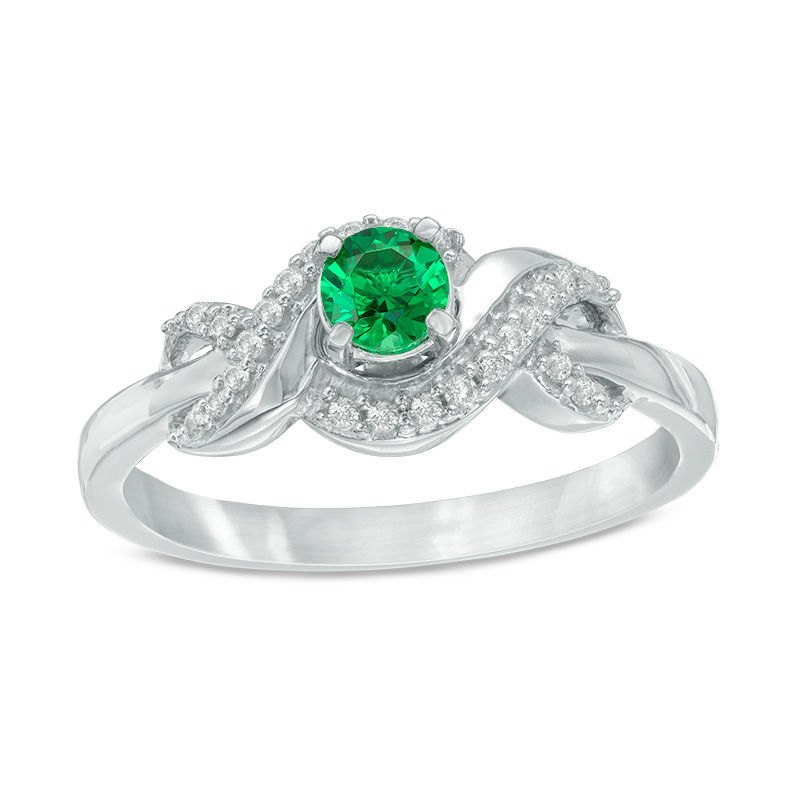 4.0mm Lab-Created Emerald and 1/10 CT. T.W. Diamond Infinity Wrapped Promise Ring in Sterling Silver