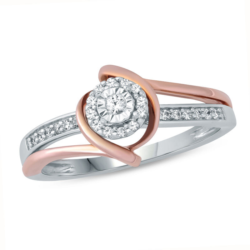 Main Image 1 of 1/8 CT. T.W. Diamond Frame Swirl Bypass Promise Ring in 10K Two-Tone Gold
