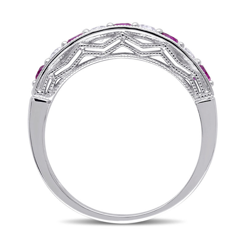 Lab-Created Ruby and White Sapphire Vintage-Style Stackable Band in Sterling Silver