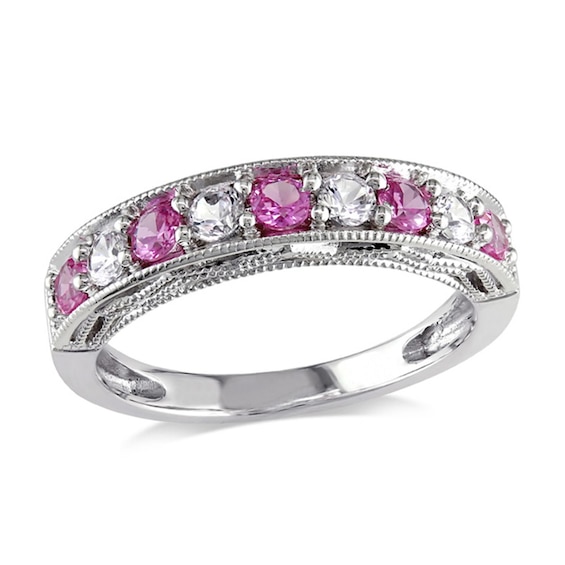 Lab-Created Pink and White Sapphire Vintage-Style Stackable Band in Sterling Silver