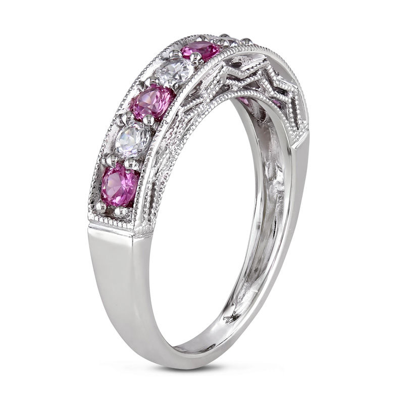 Lab-Created Pink and White Sapphire Vintage-Style Stackable Band in Sterling Silver