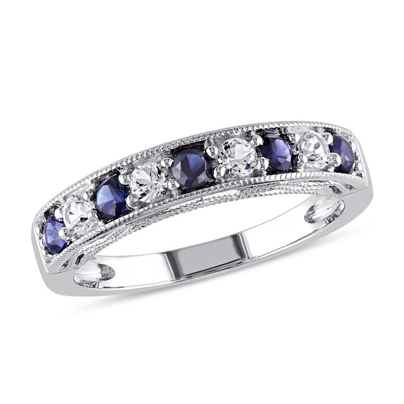 Lab-Created Blue and White Sapphire Vintage-Style Stackable Band in Sterling Silver