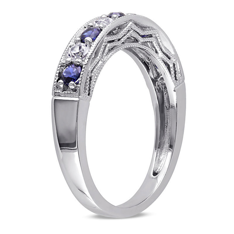 Lab-Created Blue and White Sapphire Vintage-Style Stackable Band in Sterling Silver