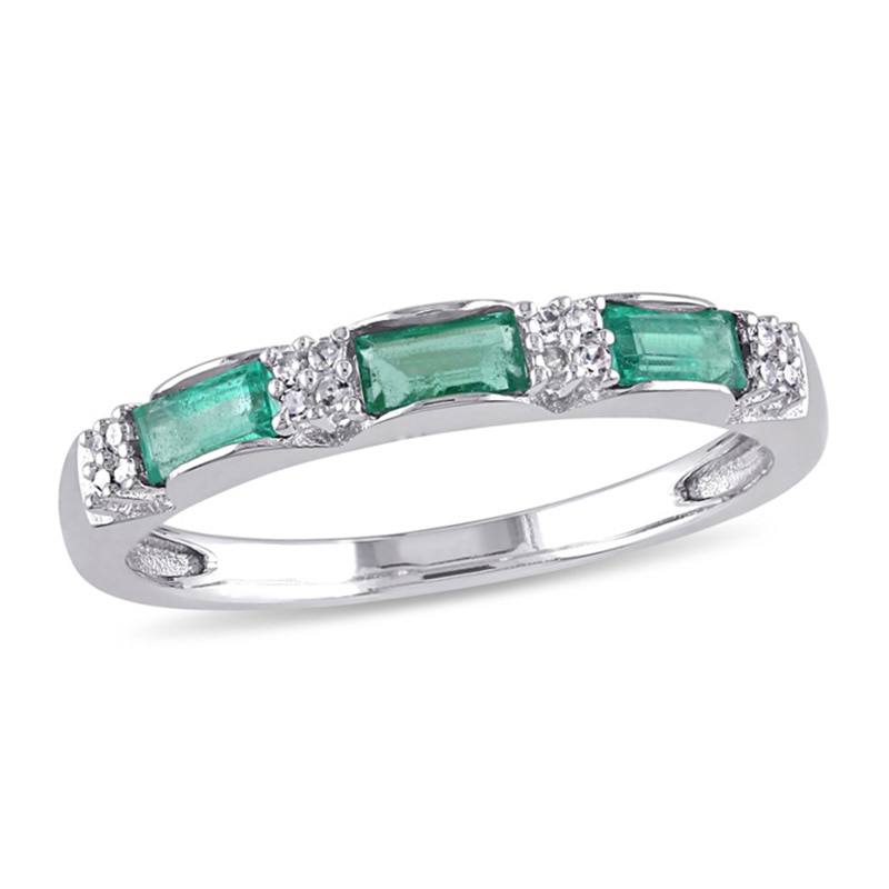 Baguette Emerald and Diamond Accent Three Stone Band in 10K White Gold