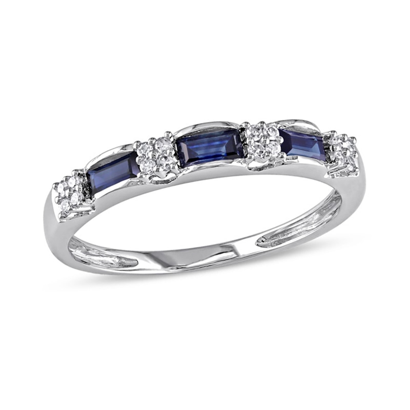 Main Image 1 of Baguette Blue Sapphire and Diamond Accent Three Stone Band in 10K White Gold