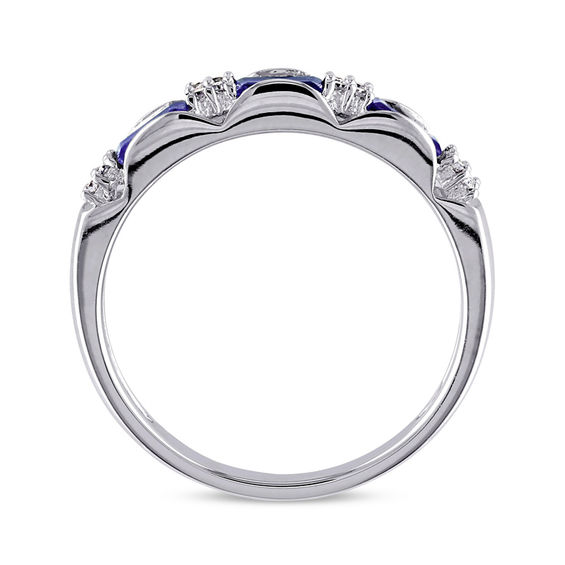 Baguette Blue Sapphire and Diamond Accent Three Stone Band 10K White Gold