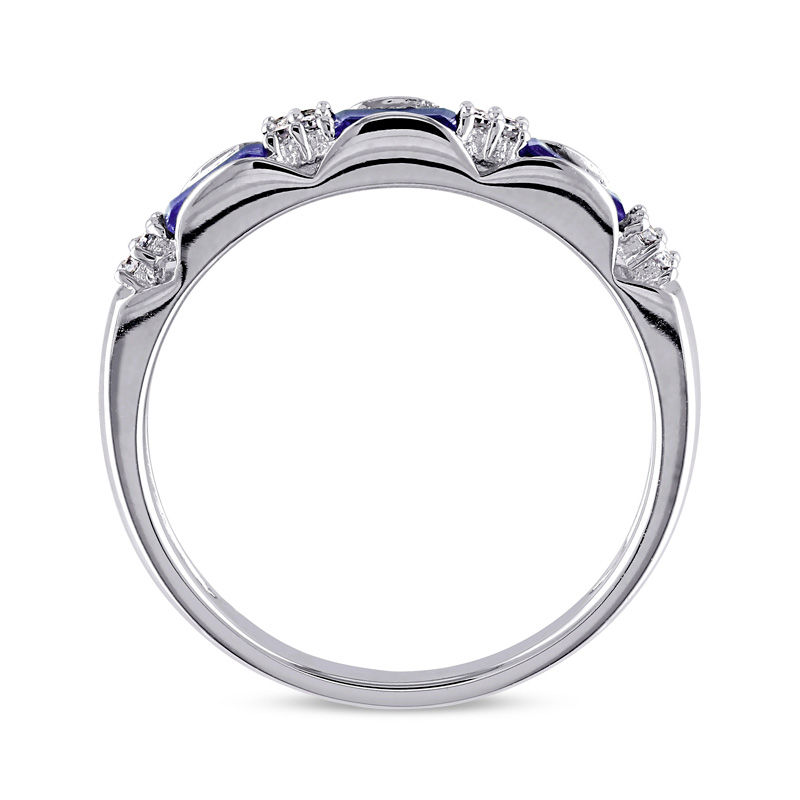 Main Image 3 of Baguette Blue Sapphire and Diamond Accent Three Stone Band in 10K White Gold