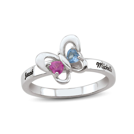 Zales Couple s 3.0mm Heart Shaped Birthstone Butterfly Ring in Sterling Silver 2 Stones and Names Connecticut Post Mall