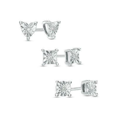 Diamond Accent Three Pair Stud Earrings Set in Sterling Silver ...