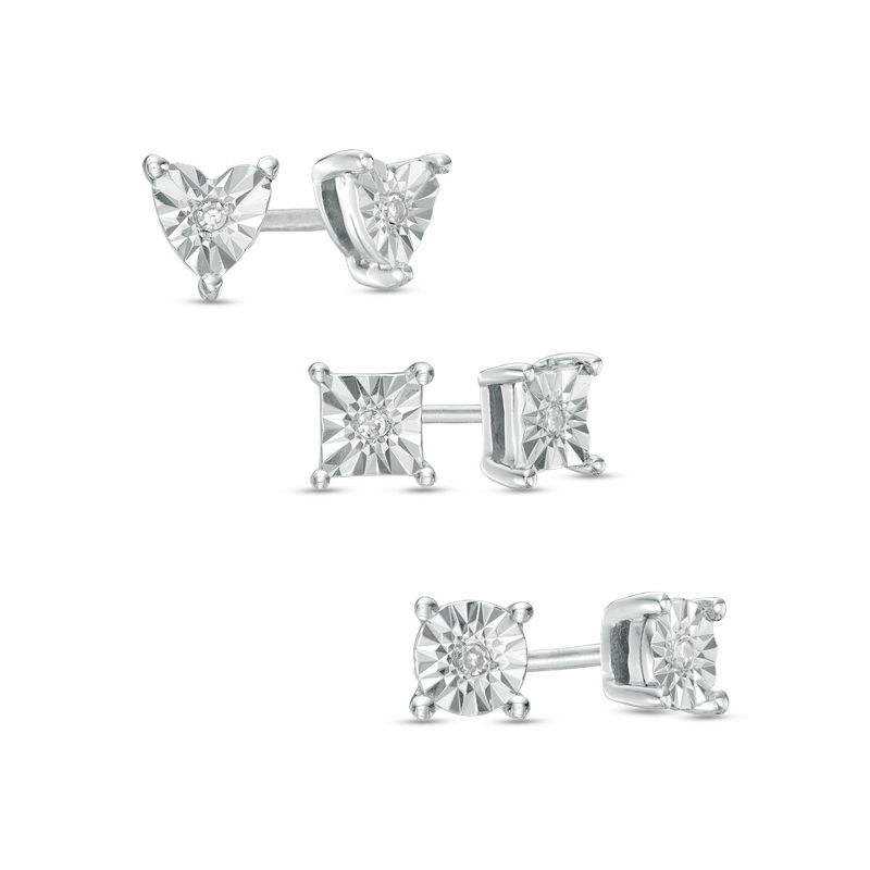 Diamond Accent Three Pair Stud Earrings Set in Sterling Silver
