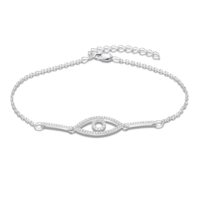 1/5 CT. T.W. Diamond Evil Eye and Bar Bracelet in Sterling Silver - 8.0"