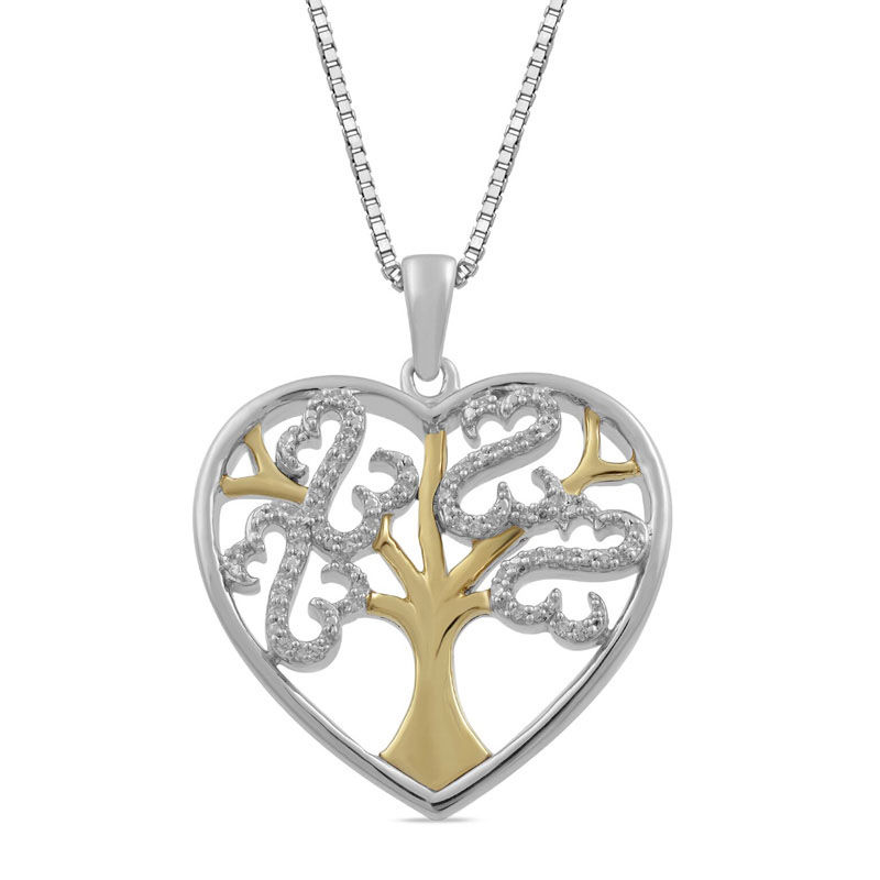 Open Hearts Family by Jane Seymour™ 1/10 CT. T.W. Diamond Tree Heart Pendant in Sterling Silver and 10K Gold