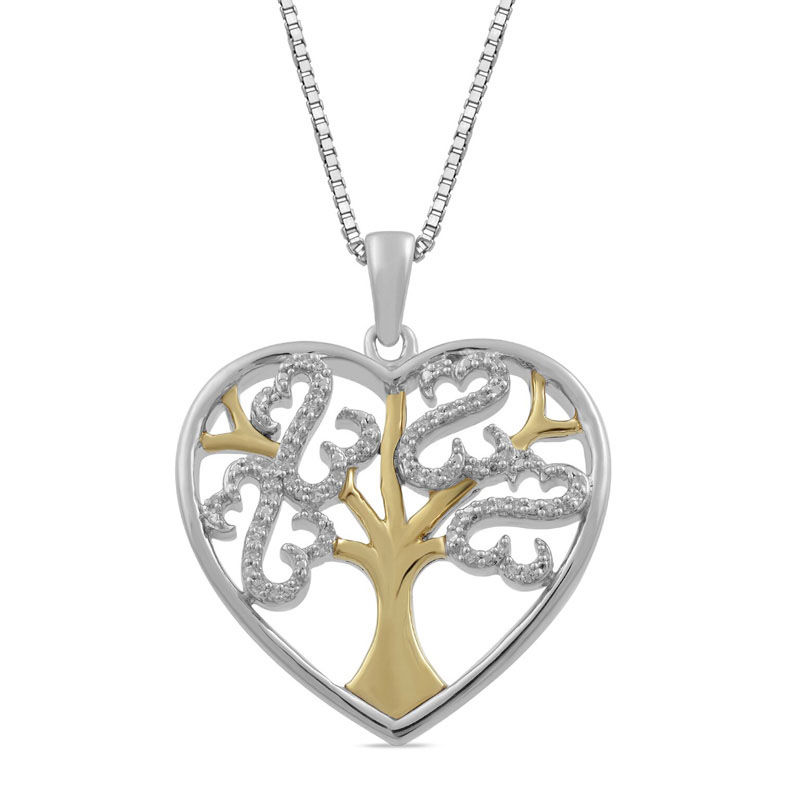 Main Image 1 of Open Hearts Family by Jane Seymour™ 1/10 CT. T.W. Diamond Tree Heart Pendant in Sterling Silver and 10K Gold