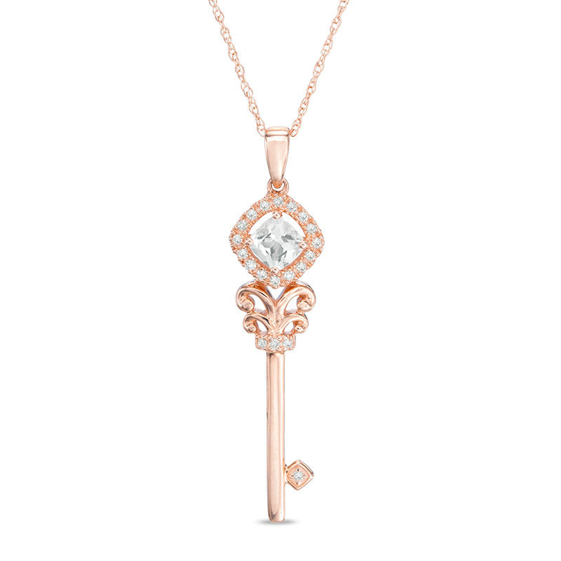 Main Image 1 of 4.0mm Cushion-Cut Morganite and Diamond Accent Vintage-Style Key Pendant in 10K Rose Gold