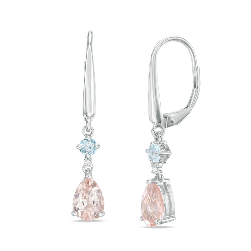 Main Image 1 of Pear-Shaped Morganite, Aquamarine and Diamond Accent Double Drop Earrings in 10K White Gold