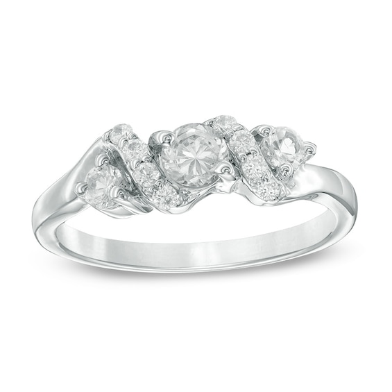 4.0mm Lab-Created White Sapphire and 1/10 CT. T.w. Diamond Overlay Three Stone Ring in Sterling Silver