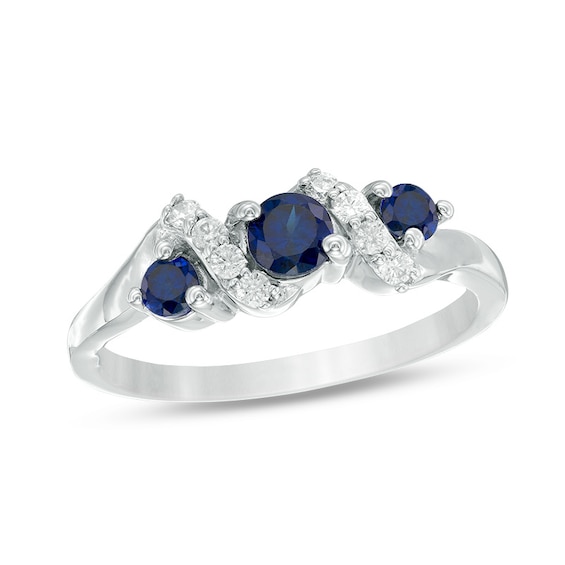 4.0mm Lab-Created Blue Sapphire and 1/10 CT. T.w. Diamond Overlay Three Stone Ring in Sterling Silver