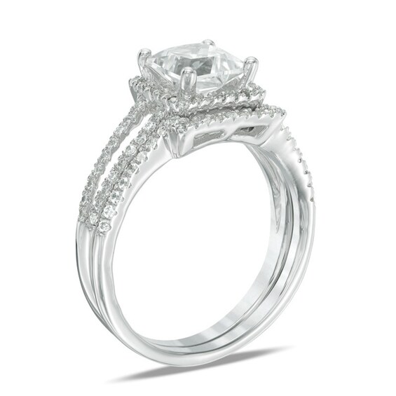 6.0mm Princess-Cut Lab-Created White Sapphire and 1/4 CT. T.w. Diamond Frame Split Shank Bridal Set in 10K White Gold