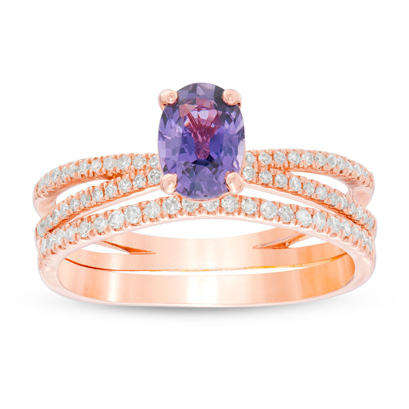 Main Image 1 of Oval Purple Sapphire and 1/6 CT. T.W. Diamond Split Shank Bridal Set in 14K Rose Gold