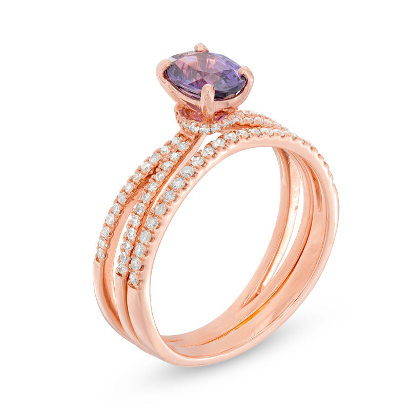 Main Image 2 of Oval Purple Sapphire and 1/6 CT. T.W. Diamond Split Shank Bridal Set in 14K Rose Gold