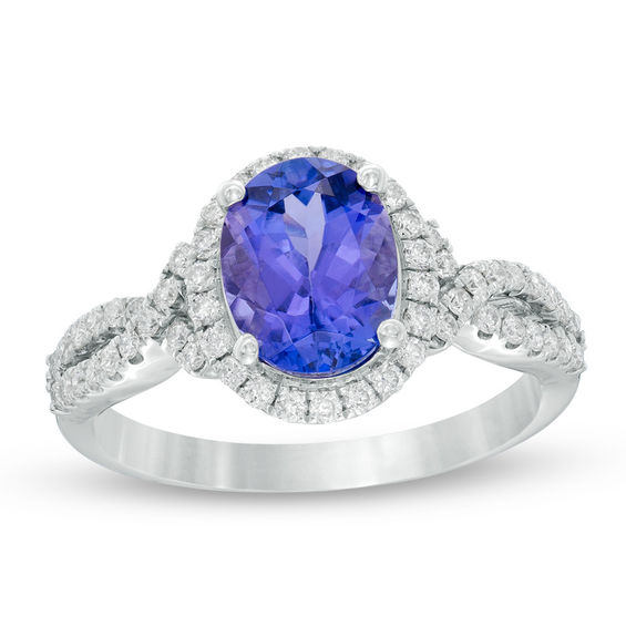 Oval Tanzanite and 3/8 CT. T.w. Diamond Frame Twist Shank Ring in 14K White Gold