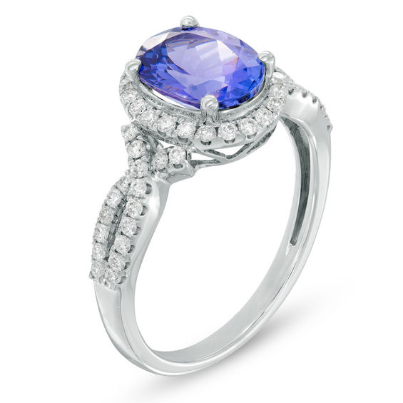 Oval Tanzanite and 3/8 CT. T.w. Diamond Frame Twist Shank Ring in 14K White Gold