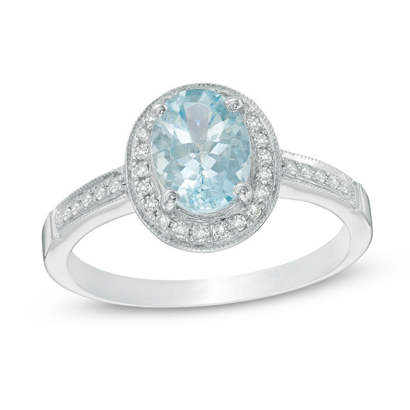 Oval Aquamarine and 1/10 CT. T.W. Diamond Frame Vintage-Style Ring in Sterling Silver