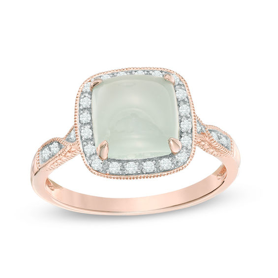 8.0mm Cushion-Cut Cabochon Aquamarine and 1/10 CT. T.w. Diamond Frame Vintage-Style Ring in 10K Rose Gold