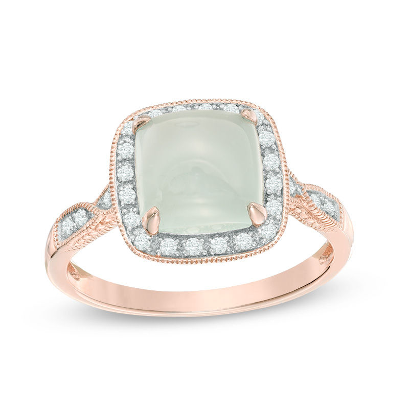 Main Image 1 of 8.0mm Cushion-Cut Cabochon Aquamarine and 1/10 CT. T.W. Diamond Frame Vintage-Style Ring in 10K Rose Gold