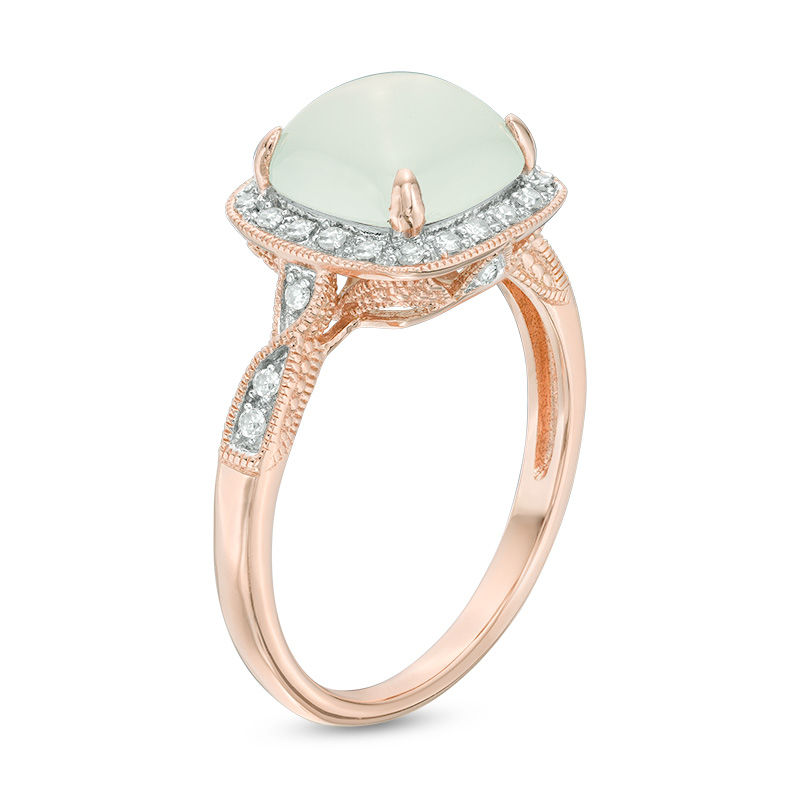 Main Image 2 of 8.0mm Cushion-Cut Cabochon Aquamarine and 1/10 CT. T.W. Diamond Frame Vintage-Style Ring in 10K Rose Gold