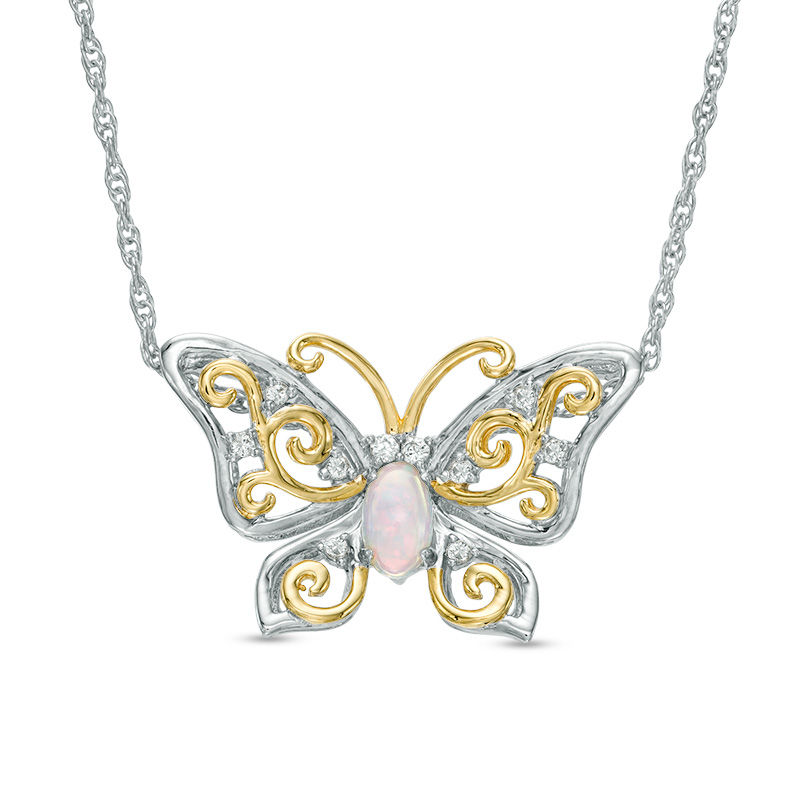 Oval Lab-Created Opal and White Sapphire Butterfly Necklace in Sterling Silver with 14K Gold Plate