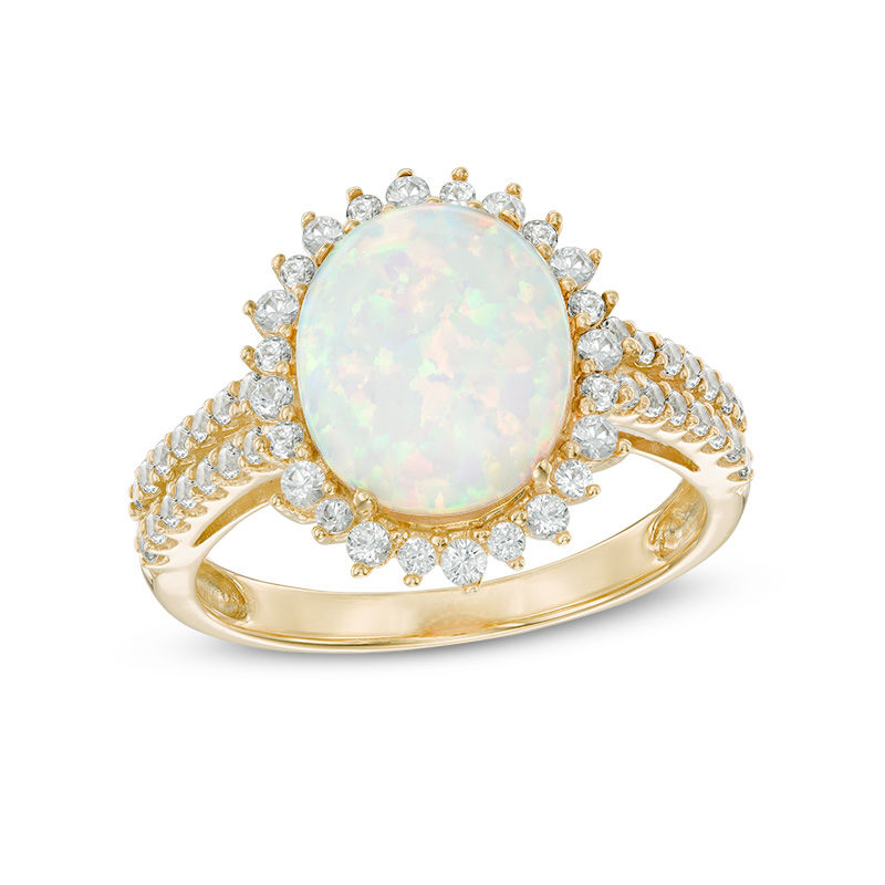 Main Image 1 of Oval Lab-Created Opal and White Sapphire Sunburst Frame Double Row Ring in 10K Gold