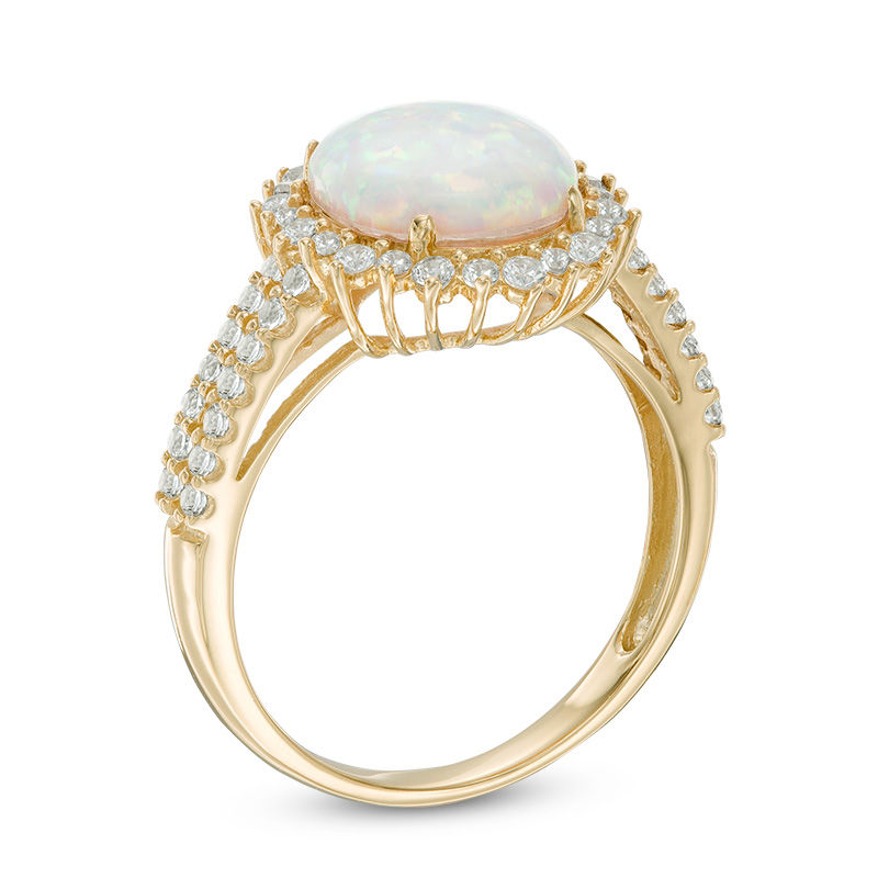 Main Image 2 of Oval Lab-Created Opal and White Sapphire Sunburst Frame Double Row Ring in 10K Gold