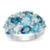 Thumbnail Image 0 of Multi-Shaped Blue Topaz and Lab-Created White Sapphire Cluster Dome Ring in Sterling Silver