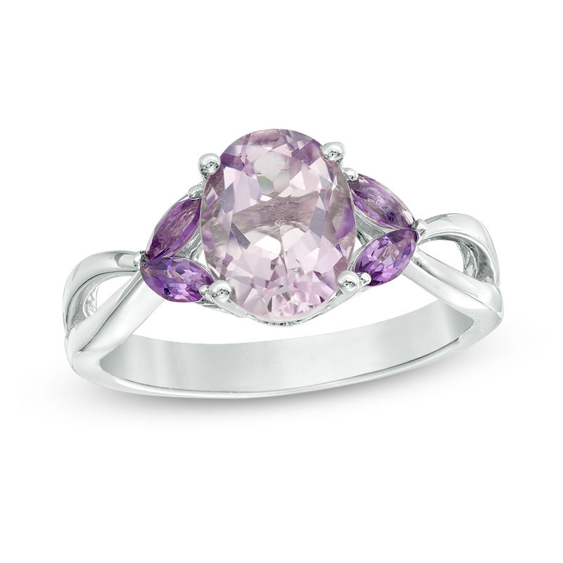 Oval Rose de France and Purple Amethyst Split Shank Ring in Sterling Silver