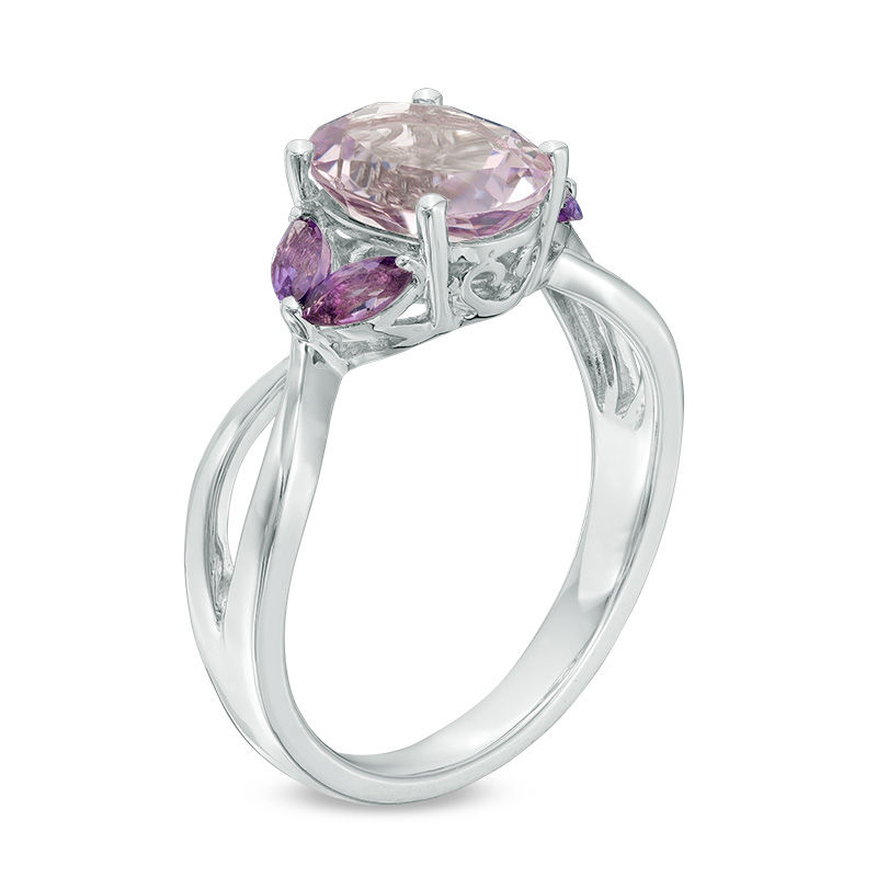 Oval Rose de France and Purple Amethyst Split Shank Ring in Sterling Silver